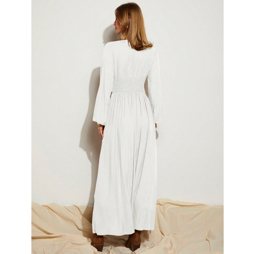 White Bohemian Long Flared Dress V-Neck Faux Buttons Long Sleeve - Picture 5 of 9